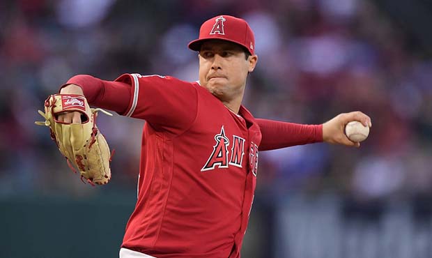 In this May 25, 2019, file photo, Los Angeles Angels starting pitcher Tyler Skaggs throws during th...