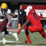 Arizona State wide receiver Brandon Aiyuk (2) leaps to the end zone for a touchdown beating Washington State safety Bryce Beekman (26) during the second half of an NCAA college football game Saturday, Oct. 12, 2019, in Tempe, Ariz. (AP Photo/Ross D. Franklin)
