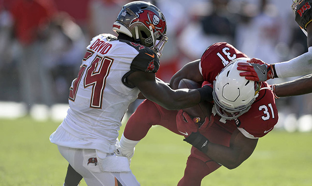 Tampa Bay Buccaneers outside linebacker Lavonte David (54) strips the ball from Arizona Cardinals r...