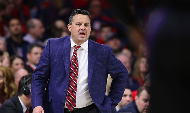 Head coach Sean Miller of the Arizona Wildcats reacts during the first half of the NCAAB game again...