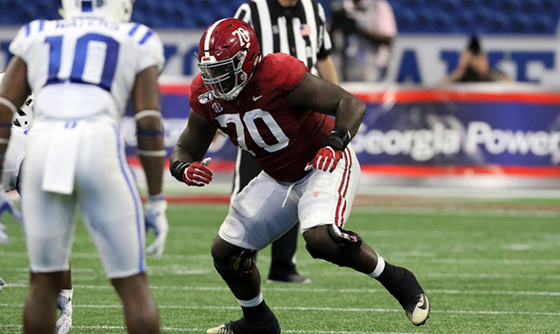 Alabama Crimson Tide offensive lineman Alex Leatherwood (70) during the Chick-fil-A Kickoff Game be...
