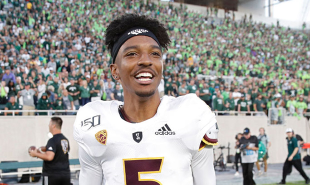 Jayden Daniels #5 of the Arizona State Sun Devils reacts after the game against the Michigan State ...