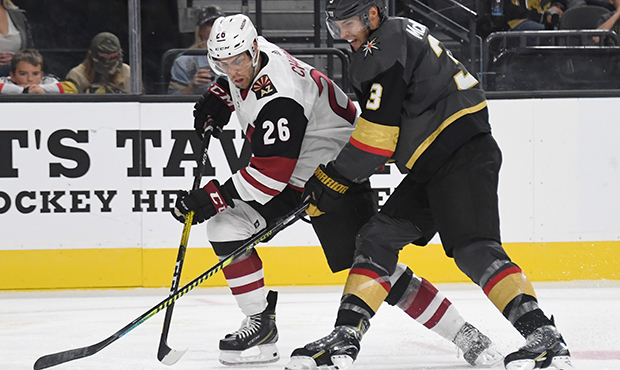 LAS VEGAS, NEVADA - SEPTEMBER 15:  Michael Chaput #26 of the Arizona Coyotes skates with the puck a...