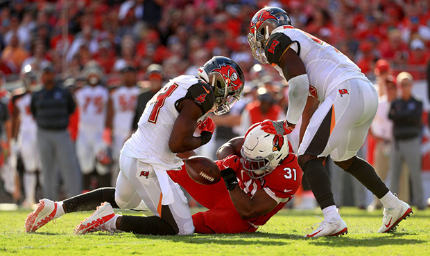 David Johnson #31 of the Arizona Cardinals drops a pass during a game against the Tampa Bay Buccane...