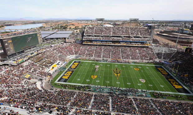 General view of action between the USC Trojans and the Arizona State Sun Devils during the first ha...