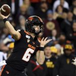 Oregon State quarterback Jake Luton passes the ball during the first half of an NCAA college football game against Arizona State in Corvallis, Ore., Saturday, Nov. 16, 2019. (AP Photo/Steve Dykes)