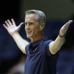 Pennsylvania coach Steve Donahue reacts to a call during the first half of the team's NCAA college basketball game against Arizona at the Wooden Legacy tournament in Anaheim, Calif., Friday, Nov. 29, 2019. (AP Photo/Alex Gallardo)
