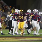 Arizona State's Chase Lucas (24) gestures that Arizona's offense didn't get their fourth down during the first half of an NCAA college football game, Saturday, Nov. 30, 2019, in Tempe, Ariz. (AP Photo/Darryl Webb)