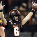 Oregon State quarterback Jake Luton reacts as time runs out in the team's NCAA college football game against Arizona State in Corvallis, Ore., Saturday, Nov. 16, 2019. Oregon State won 35-34. (AP Photo/Steve Dykes)