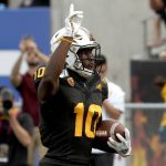 Arizona State wide receiver Kyle Williams (10) celebrates his touchdown against Southern California during the first half of an NCAA college football game, Saturday, Nov. 9, 2019, in Tempe, Ariz. (AP Photo/Matt York)
