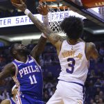 Phoenix Suns forward Kelly Oubre Jr. (3) shoots over Philadelphia 76ers forward James Ennis III (11) during the second half of an NBA basketball game, Monday, Nov. 4, 2019, in Phoenix. The Suns defeated the 76ers 114-109. (AP Photo/Ross D. Franklin)