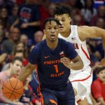 Illinois guard Trent Frazier (1) brings the ball up against Arizona in the first half during an NCAA college basketball game Sunday, Nov. 10, 2019, in Tucson, Ariz. (AP Photo/Rick Scuteri)