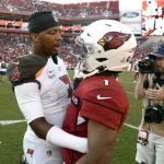 Tampa Bay Buccaneers quarterback Jameis Winston, left, talks to Arizona Cardinals quarterback Kyler Murray after an NFL football game Sunday, Nov. 10, 2019, in Tampa, Fla. (AP Photo/Jason Behnken)