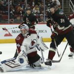 Colorado Avalanche goaltender Pavel Francouz, left, makes a save on a shot by Arizona Coyotes center Carl Soderberg (34) during the second period of an NHL hockey game Saturday, Nov. 2, 2019, in Glendale, Ariz. (AP Photo/Ross D. Franklin)