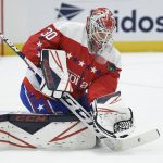 Washington Capitals goaltender Ilya Samsonov (30), of Russia, keeps his eye on the puck during the first period of an NHL hockey game against the Arizona Coyotes, Monday, Nov. 11, 2019, in Washington. (AP Photo/Nick Wass)