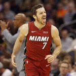 Miami Heat's Goran Dragic reacts toward the Heat's bench after hitting a 3-pointer against the Phoenix Suns during the second half of an NBA basketball game Thursday, Nov. 7, 2019, in Phoenix. (AP Photo/Darryl Webb)