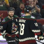 Arizona Coyotes center Derek Stepan (21) smiles as he celebrates his goal against the Calgary Flames with Coyotes left wing Christian Dvorak (18) during the second period of an NHL hockey game, Saturday, Nov. 16, 2019, in Glendale, Ariz. (AP Photo/Ross D. Franklin)
