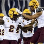 Arizona State wide receiver Brandon Aiyuk celebrates with teammates after running a punt back for a touchdown during the first half of an NCAA college football game against Oregon State in Corvallis, Ore., Saturday, Nov. 16, 2019. (AP Photo/Steve Dykes)