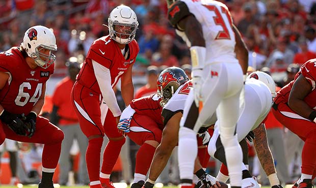 Kyler Murray #1 of the Arizona Cardinals  looks on during a game against the Tampa Bay Buccaneers a...