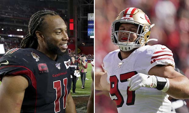 Cardinals receiver Larry Fitzgerald, left, and 49ers defensive end Nick Bosa, right. (AP photos)...