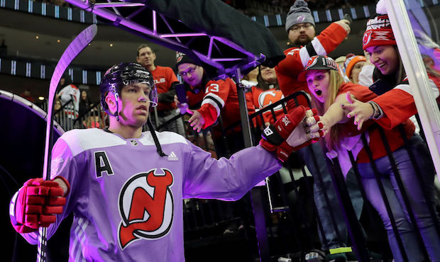 Taylor Hall #9 of the New Jersey Devils takes the ice for warmups before the game against the New Y...