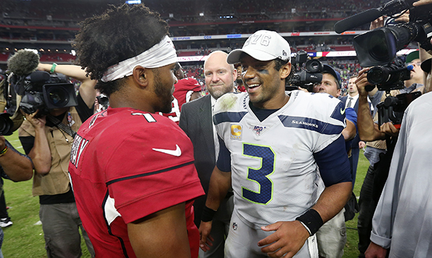Quarterbacks Russell Wilson #3 of the Seattle Seahawks and Kyler Murray #1 of the Arizona Cardinals...