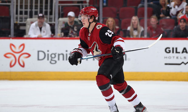 Barrett Hayton #29 of the Arizona Coyotes in action during the third period of the NHL game against...