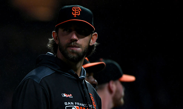 Madison Bumgarner #40 of the San Francisco Giants during their MLB game against the Los Angeles Dod...