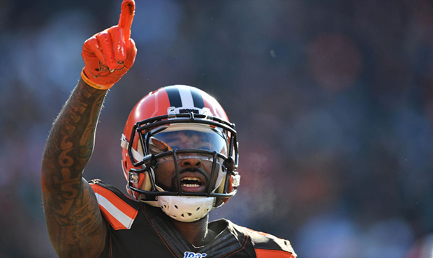 Jarvis Landry #80 of the Cleveland Browns celebrates in the end zone after catching a 7-yard touchd...
