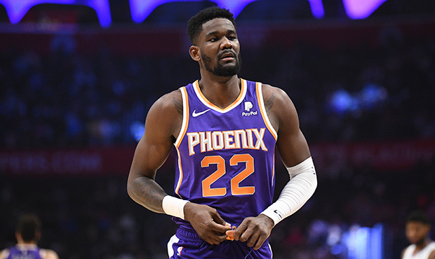 Phoenix Suns Center Deandre Ayton (22) looks on during a NBA game between the Phoenix Suns and the ...