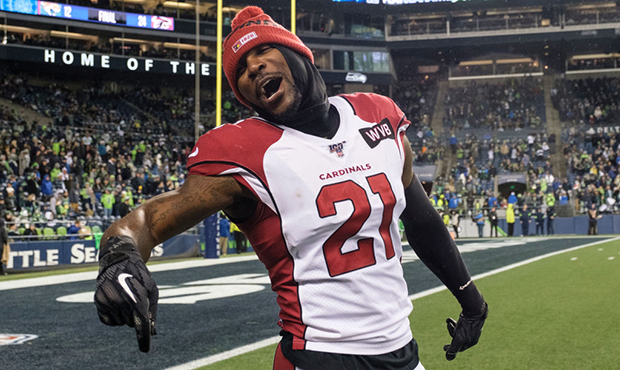 Defensive back Patrick Peterson #21 of the Arizona Cardinals celebrates on the sideline during the ...