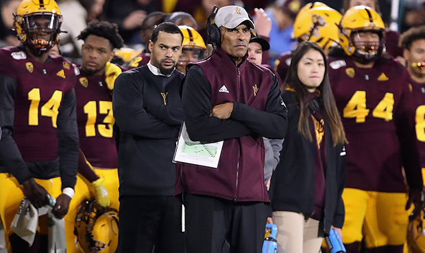 Head coach Herm Edwards of the Arizona State Sun Devils watches from the sidelines during the secon...