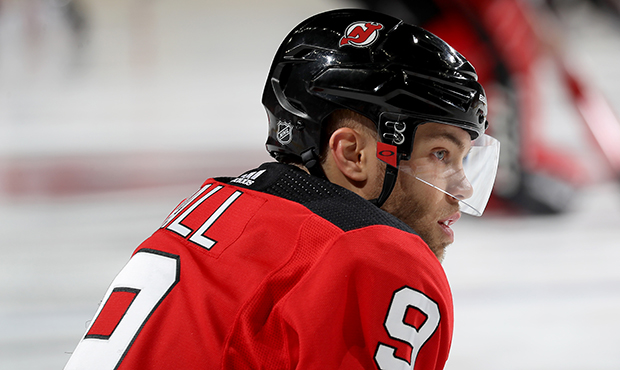 Taylor Hall #9 of the New Jersey Devils looks on during warm ups before the game against the Chicag...