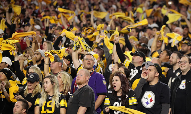 Fans of the Pittsburgh Steelers cheer during the second half of the NFL game against the Arizona Ca...