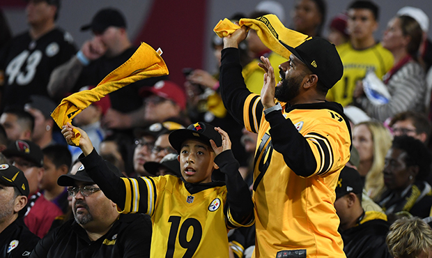 Fans of the Pittsburgh Steelers celebrate a 23-17 win against the Arizona Cardinals at State Farm S...