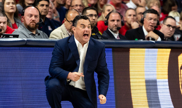 Head coach Sean Miller of the Arizona Wildcats reacts on the sidelines of the game against the Gonz...