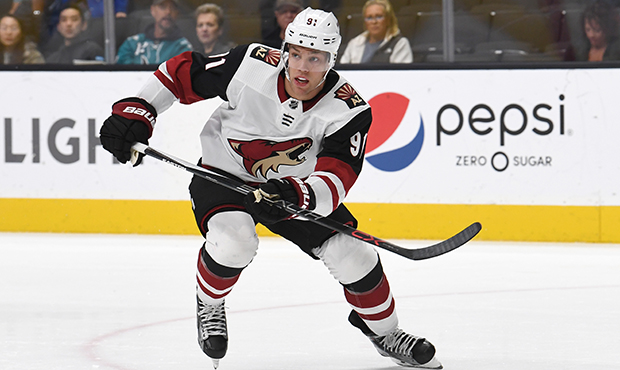 Taylor Hall #91 skates in his first game for the Arizona Coyotes against the San Jose Sharks during...
