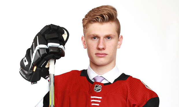 Jan Jenik poses after being selected 65th overall by the Arizona Coyotes during the 2018 NHL Draft ...