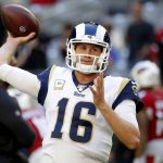 Los Angeles Rams quarterback Jared Goff (16) warms up prior to an NFL football game against the Arizona Cardinals, Sunday, Dec. 1, 2019, in Glendale, Ariz. (AP Photo/Rick Scuteri)