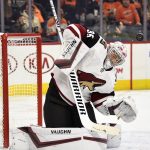 Arizona Coyotes goaltender Darcy Kuemper makes a save on a shot during the second period of an NHL hockey game against the Philadelphia Flyers, Thursday, Dec. 5, 2019, in Philadelphia. (AP Photo/Derik Hamilton)