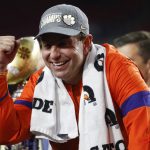 Clemson coach Dabo Swinney celebrates after Clemson defeated Ohio State 29-23 in the Fiesta Bowl NCAA college football playoff semifinal Saturday, Dec. 28, 2019, in Glendale, Ariz. (AP Photo/Ross D. Franklin)