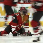 Arizona Coyotes left wing Taylor Hall warms up with teammates for an NHL hockey game against the Minnesota Wild on Thursday, Dec. 19, 2019 in Glendale, Ariz. Hall was acquired in a trade with the New Jersey Devils. (AP Photo/Ross D. Franklin)