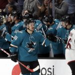 San Jose Sharks' Tomas Hertl (48) is congratulated after scoring a goal against the Arizona Coyotes in the second period of an NHL hockey game, Tuesday, Dec. 17, 2019, in San Jose, Calif. (AP Photo/Ben Margot)