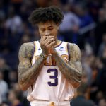 Phoenix Suns forward Kelly Oubre Jr. reacts after a foul call against him during the second half of an NBA basketball game against the Portland Trail Blazers, Monday, Dec. 16, 2019, in Phoenix. The Trail Blazers won 111-110. (AP Photo/Matt York)