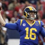 Los Angeles Rams quarterback Jared Goff passes against the Arizona Cardinals during first half of an NFL football game Sunday, Dec. 29, 2019, in Los Angeles. (AP Photo/Marcio Jose Sanchez)