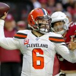 Cleveland Browns quarterback Baker Mayfield (6) throws against the Arizona Cardinals during the first half of an NFL football game, Sunday, Dec. 15, 2019, in Glendale, Ariz. (AP Photo/Rick Scuteri)