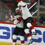 New Jersey Devils right wing Kyle Palmieri, left, celebrates his goal against the Arizona Coyotes with Devils defenseman P.K. Subban during the third period of an NHL hockey game, Saturday, Dec. 14, 2019, in Glendale, Ariz. The Devils defeated the Coyotes 2-1. (AP Photo/Ross D. Franklin)