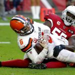 Cleveland Browns quarterback Baker Mayfield (6) is sacked by Arizona Cardinals linebacker Chandler Jones during the first half of an NFL football game, Sunday, Dec. 15, 2019, in Glendale, Ariz. (AP Photo/Rick Scuteri)