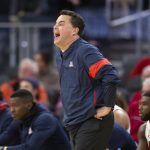 Arizona coach Sean Miller shouts instructions to his players during the first half of an NCAA college basketball game against St. John's on Saturday, Dec. 21, 2019, in San Francisco. (AP Photo/D. Ross Cameron)