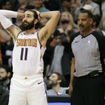 Phoenix Suns guard Ricky Rubio (11) looks at the scoreboard as time expires during the second half of an NBA basketball game against the Portland Trail Blazers, Monday, Dec. 16, 2019, in Phoenix. The Trail Blazers won 111-110. (AP Photo/Matt York)